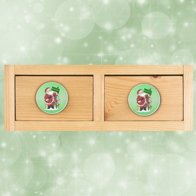 Jultomten Cute Animals God jul Knopp (Santa Claus Merry christmas sign tree cute animals in snow on green drawer knobs.)