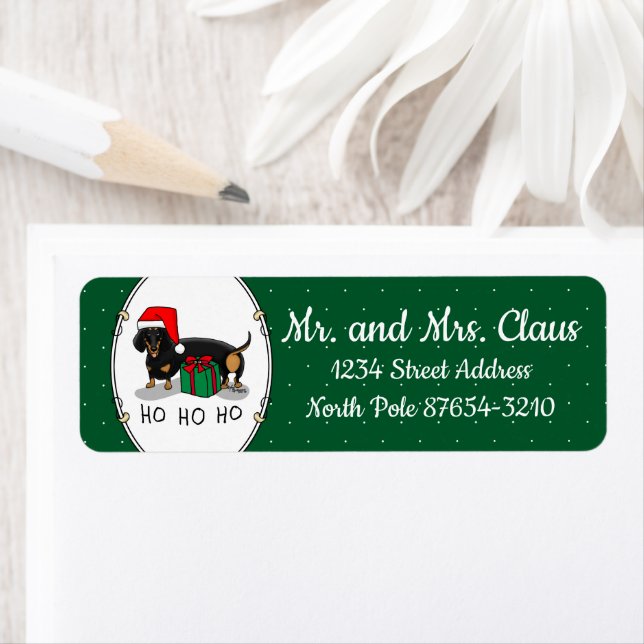 Jultomten Dachshund (S svart & tan) - Lustigt Returadress Etikett (Insitu)