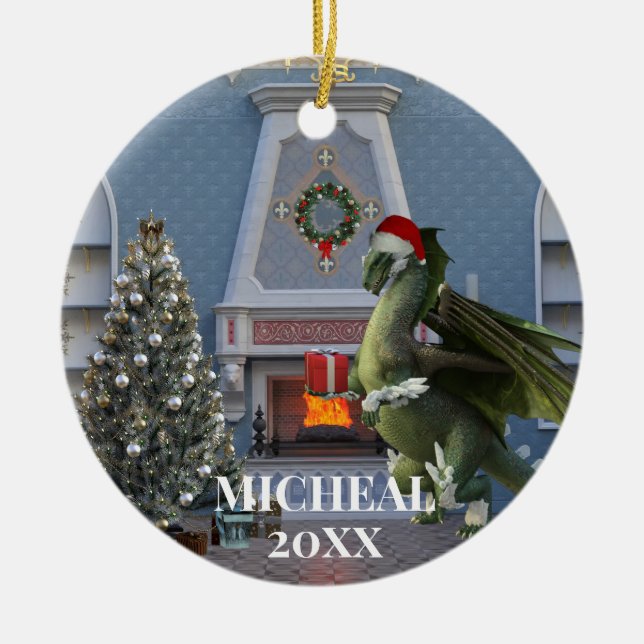 Jultomten Dragon Träd Fireplace Scene Julgransprydnad Keramik (Framsidan)