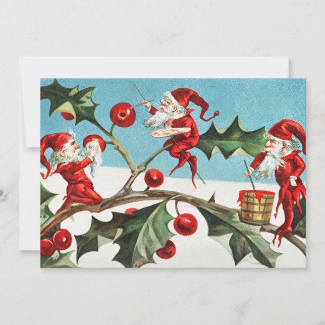 Jultomten Elves Painting Berries om Löv Julkort (Framsida)