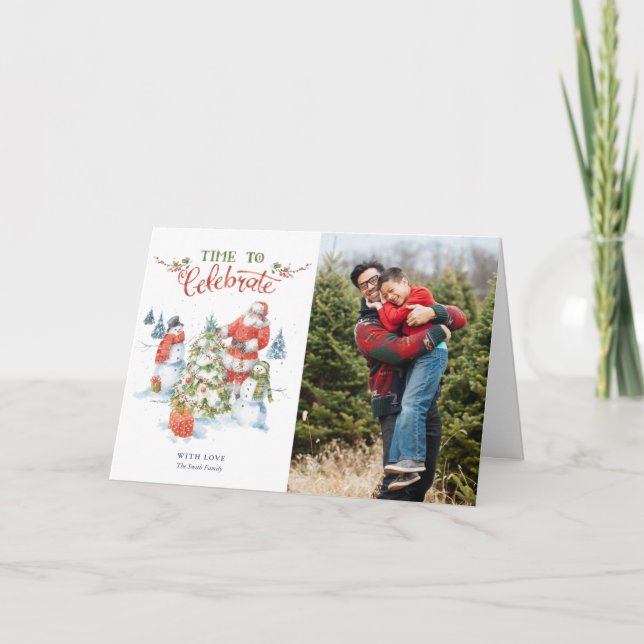 Jultomten Firar Watercolor Photo Helgdag Helgkort (Framsida)