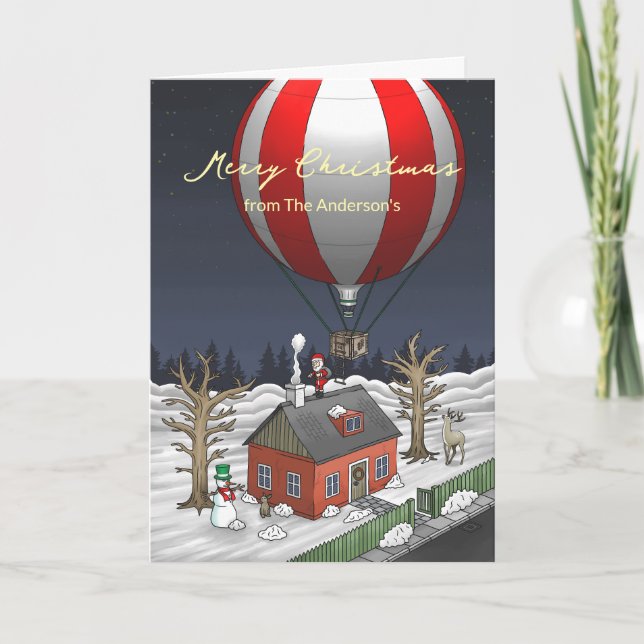 Jultomten flyger med varmluftsballong helgkort (Framsida)