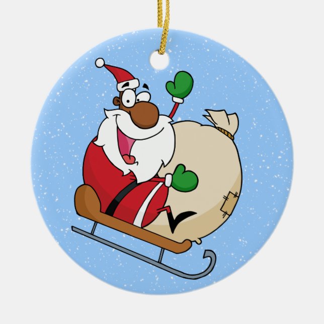 Jultomten för helgdagroligtsvart som rider sleden julgransprydnad keramik (Framsidan)