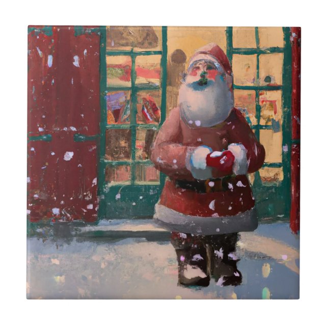 Jultomten framför Leksak Shop AI Art Kakelplatta (Framsidan)