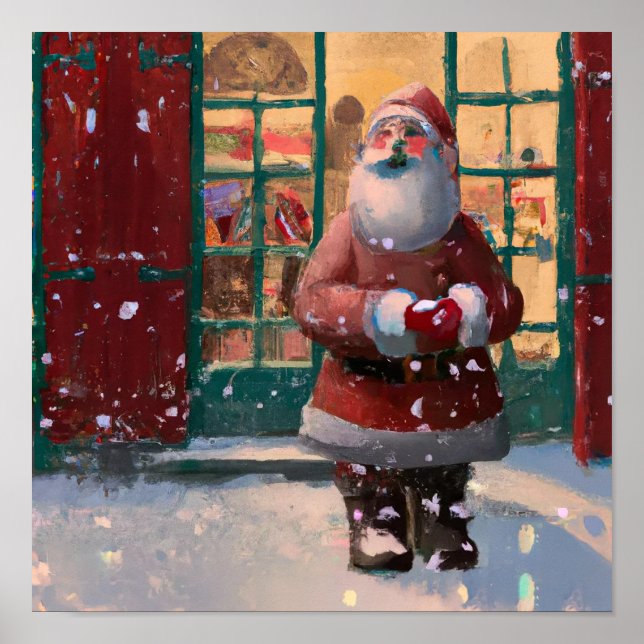 Jultomten framför Leksak Shop AI Art Poster (Framsidan)
