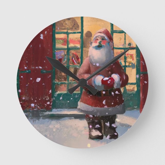 Jultomten framför Leksak Shop AI Art Rund Klocka (Framsida)