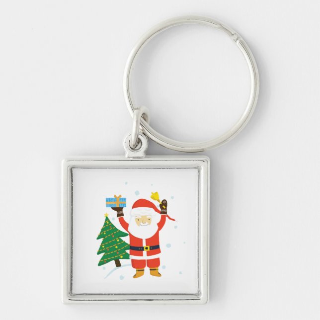 Jultomten Fyrkantig Silverfärgad Nyckelring (Framsidan)