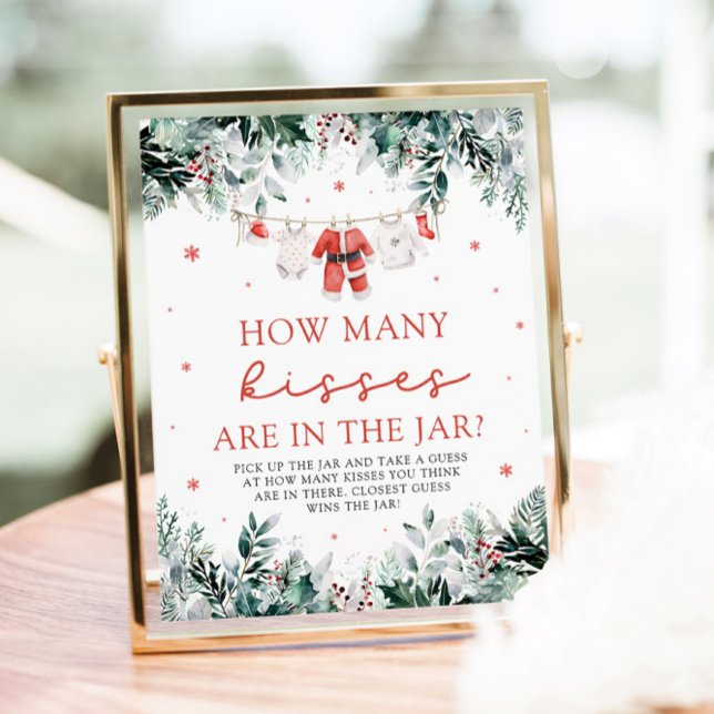 Jultomten gissar hur många Kisses Baby Shower Poster (Watercolor Christmas Santa Guess How Many Kisses Baby Shower Sign)