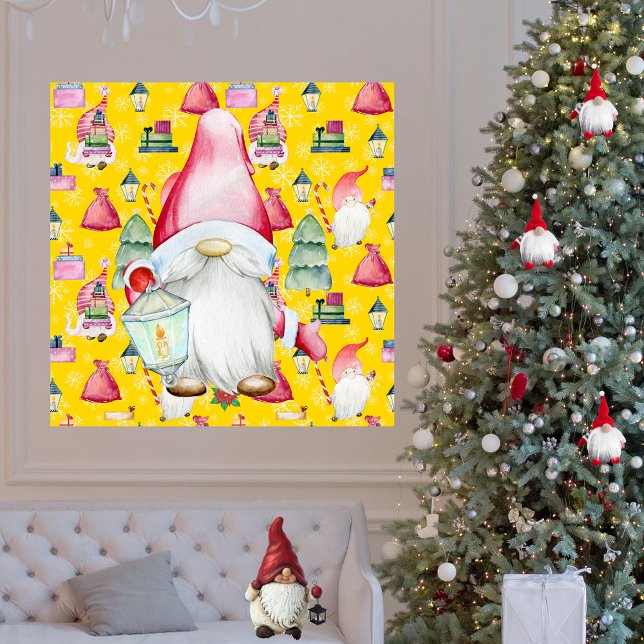 Jultomten Gnome & Gult Mönster Background Poster (Christmas Santa Gnome & Yellow Pattern Background Poster)