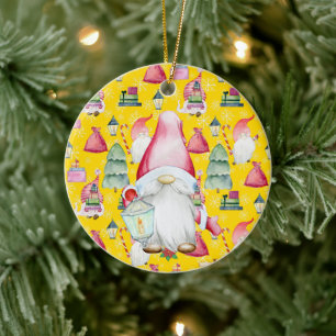 Jultomten Gnome & Gult Mönster Namn & Date Julgransprydnad Keramik