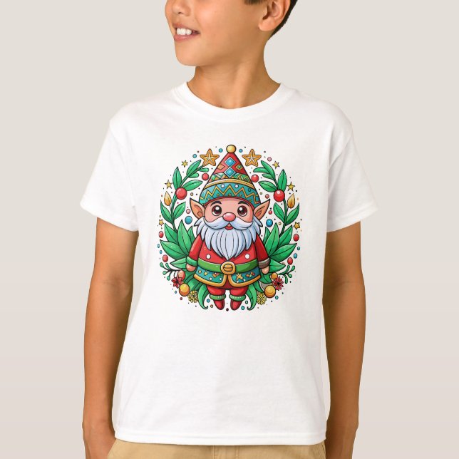 Jultomten Gnome med dekorativ krans T Shirt (Framsida)