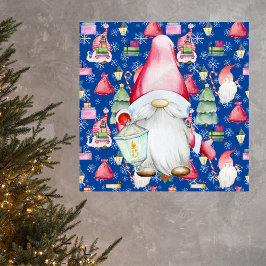 Jultomten Gnome och Blå Mönster-bakgrund Poster