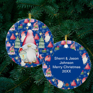 Jultomten Gnome och Helgdag Blue Mönster Julgransprydnad Keramik