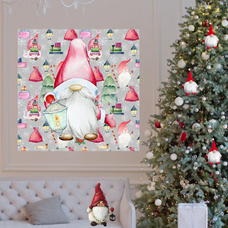 Jultomten Gnome och Silver Mönster-bakgrund Poster