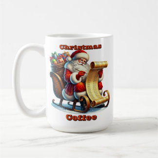 Jultomten granskar sin lista med en skiva gåvor kaffemugg
