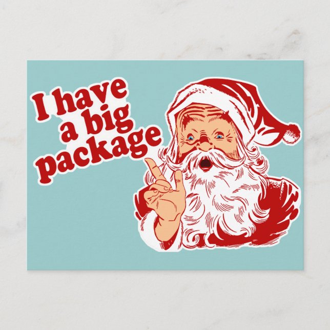 Jultomten har ett stort paket helg vykort (Framsida)