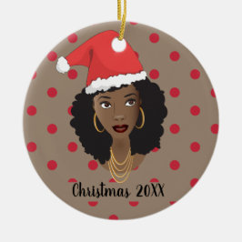 Jultomten Hat, Black Woman, Red Dots, Brown Julgransprydnad Keramik