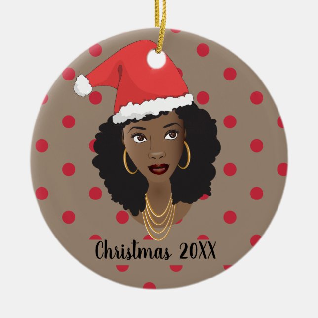 Jultomten Hat, Black Woman, Red Dots, Brown Julgransprydnad Keramik (Framsidan)