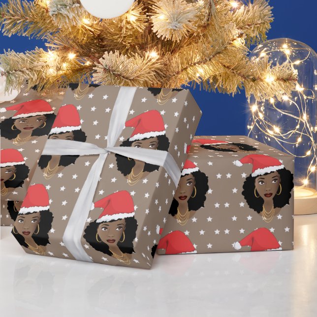 Jultomten Hat, Black Woman, Stars, Brown Presentpapper (Helgdagar)