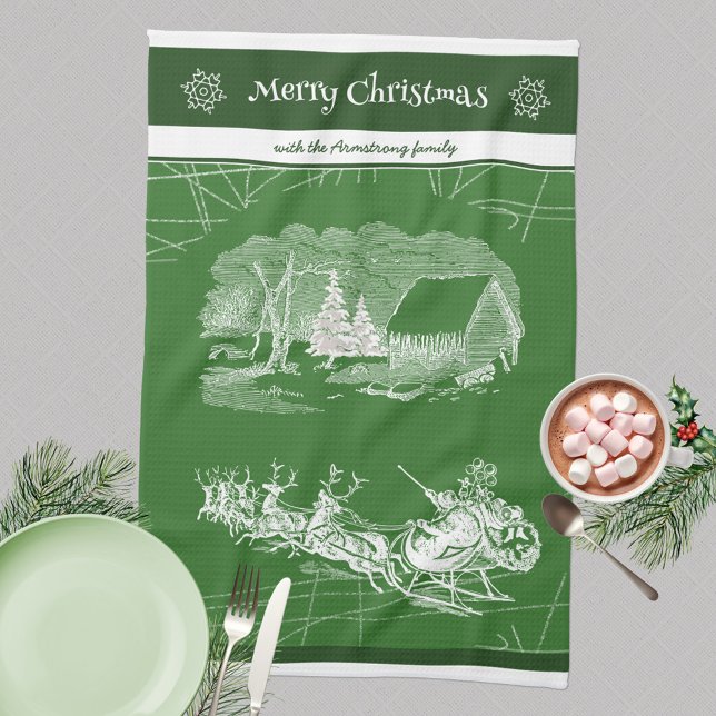 JULTOMTEN HELGDAG STIL i GRÖNT Kökshandduk (Merry Christmas 🎅🏻 Santa Sleigh Reindeers Green Kitchen Towel ©Susanne Sachers - Sunny Mind Design)