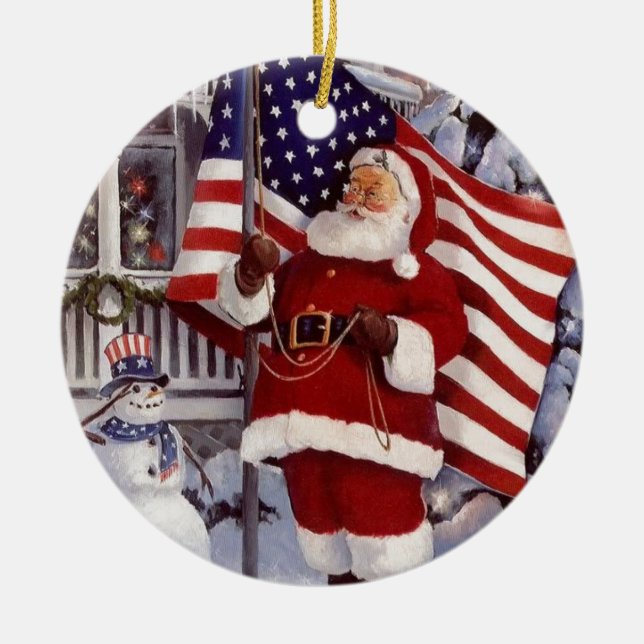 Jultomten Holding American Flagga Julgransprydnad Keramik (Framsidan)