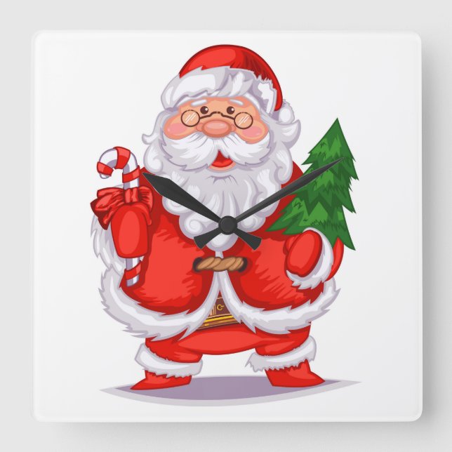 Jultomten Holding Julgran Fyrkantig Klocka (Framsida)