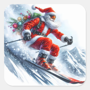 Jultomten hoppas gärna på ett snöberg fyrkantigt klistermärke