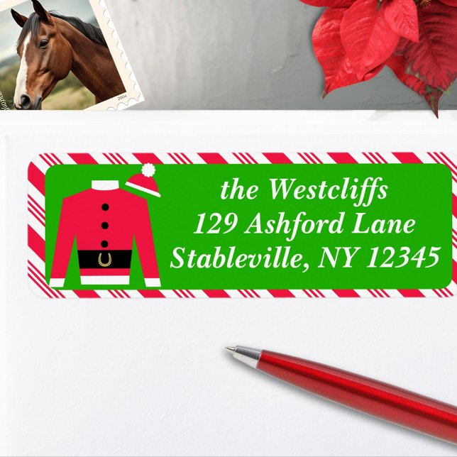 Jultomten Horse Tävla Jockey Silke Personlig Returadress Etikett (Christmas holiday return address labels to coordinate with Santa Claus Jockey silks card.)