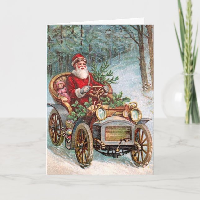 Jultomten i bil helgkort (Framsida)