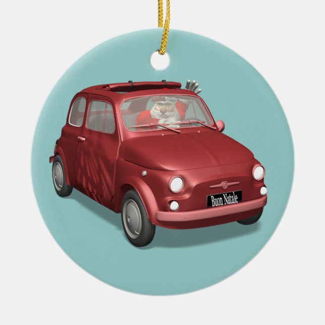 Jultomten i Fiat 500 Julgransprydnad Keramik (Framsidan)