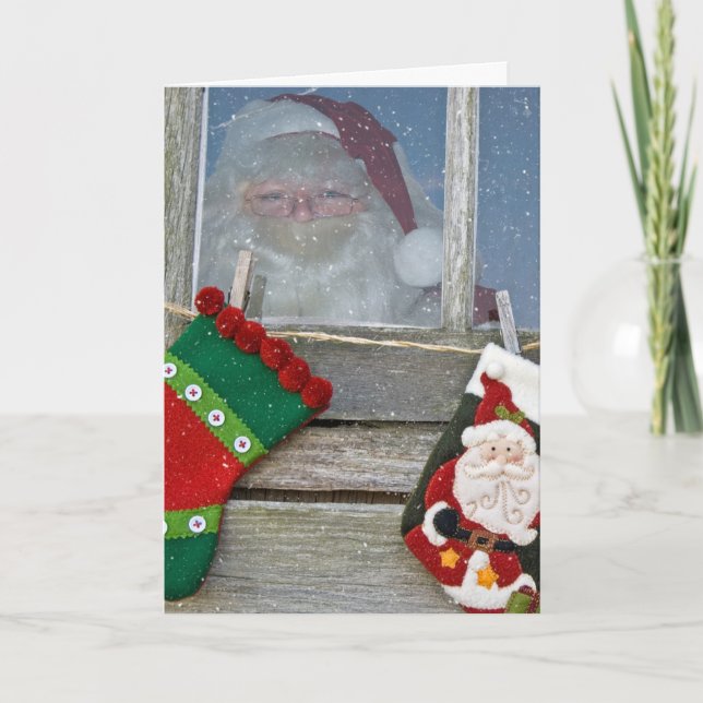 Jultomten i kabinfönster med snöflingor kort (Framsida)
