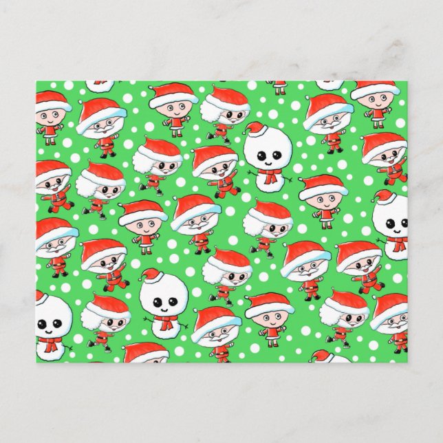 Jultomten i Mönster och Snögubbe i Grönt. Helg Vykort (Framsida)