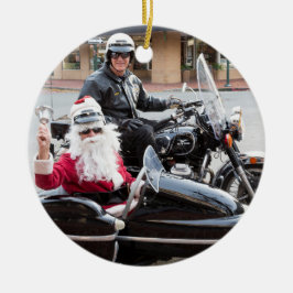 Jultomten i motorcykelsidecar julgransprydnad keramik