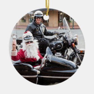 Jultomten i motorcykelsidecar julgransprydnad keramik
