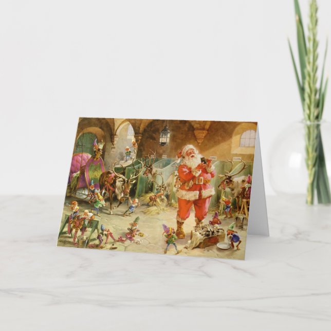 Jultomten i nordpolenrenstallen helgkort (Framsida)