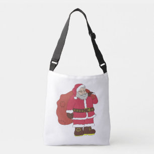 Jultomten i rött med presentpåse och ögonglas axelväska