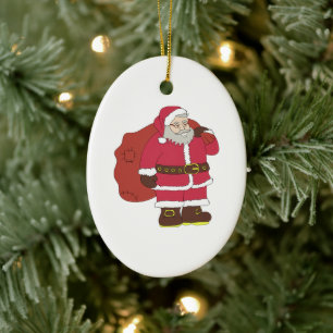 Jultomten i rött med presentpåse och ögonglas julgransprydnad keramik