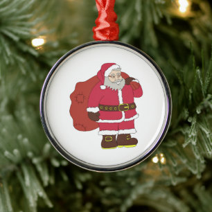 Jultomten i rött med presentpåse och ögonglas julgransprydnad metall