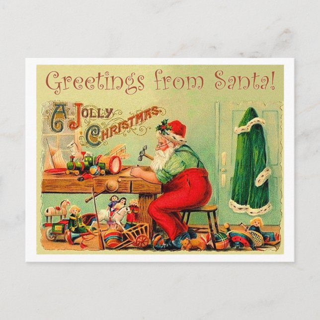 Jultomten i sin workshop, årgång jul vykort (Framsida)
