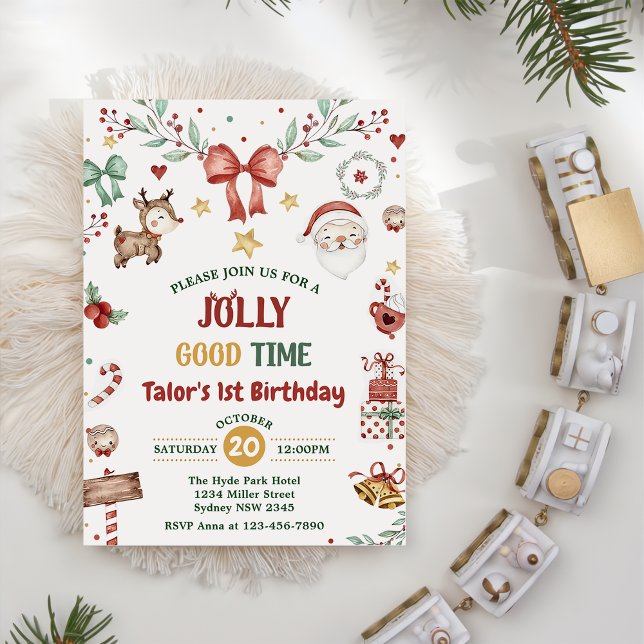 Jultomten Jolly Bra Tid 1:a födelsedagen Party Inbjudningar (Skapare uppladdad)