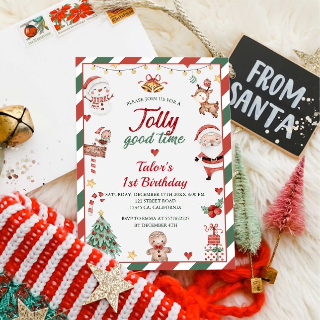 Jultomten Jolly Bra Tid 1:a födelsedagen Party Inbjudningar (Skapare uppladdad)