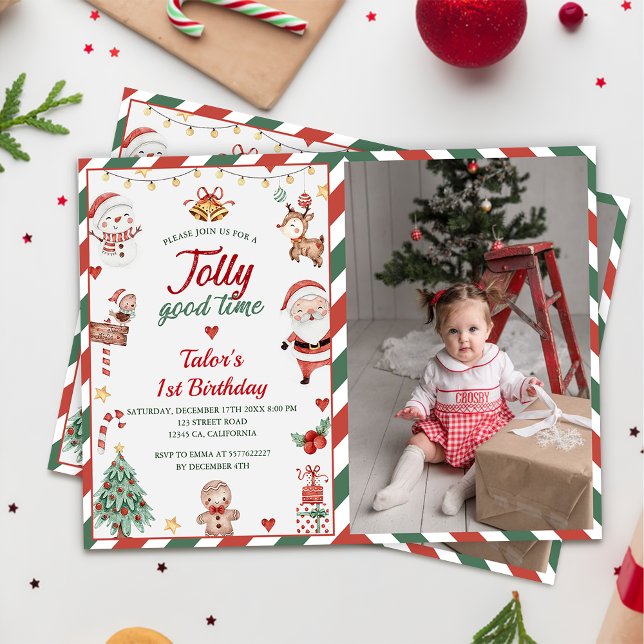 Jultomten Jolly Bra Tid 1:a födelsedagsfoto Inbjudningar (Skapare uppladdad)