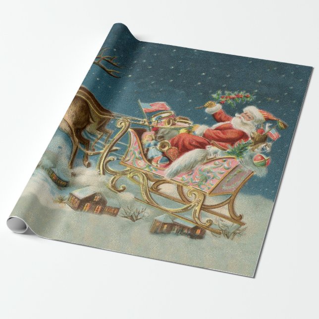 Jultomten jul Antique Sleigh Reindeer Presentpapper (Utrullad)