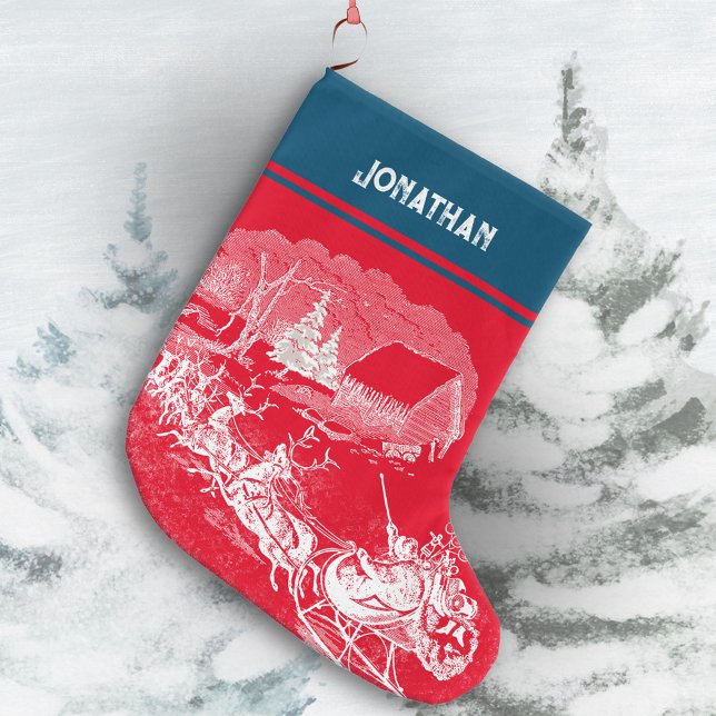 ❄ Jultomten kommer nu Stor Julstrumpa (Santa Claus is Coming Sleigh Reindeers Large Christmas Stocking ©Susanne Sachers - Sunny Mind Design)