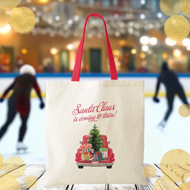 Jultomten kommer till Röda Lastbil Tygkasse (Santa Claus Is Coming To Town Red Truck Tote Bag)