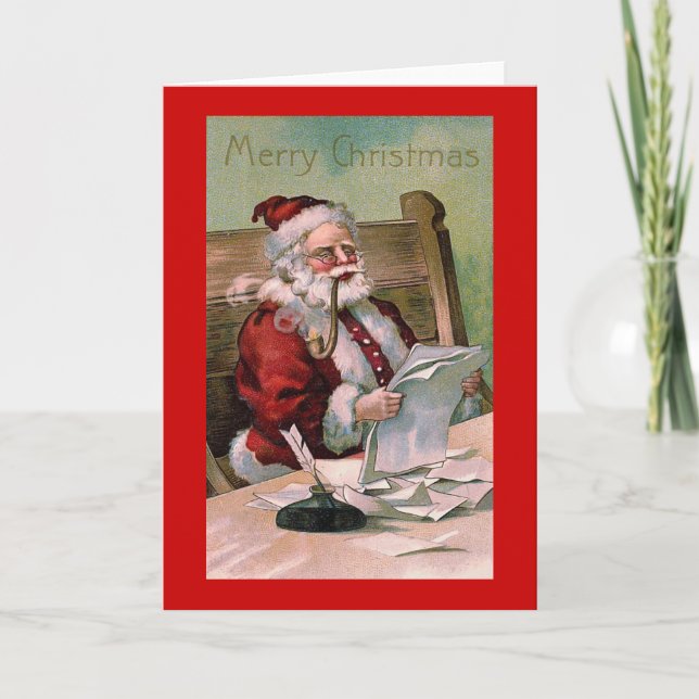 "Jultomten läser julkortet Brev" Helgkort (Framsida)