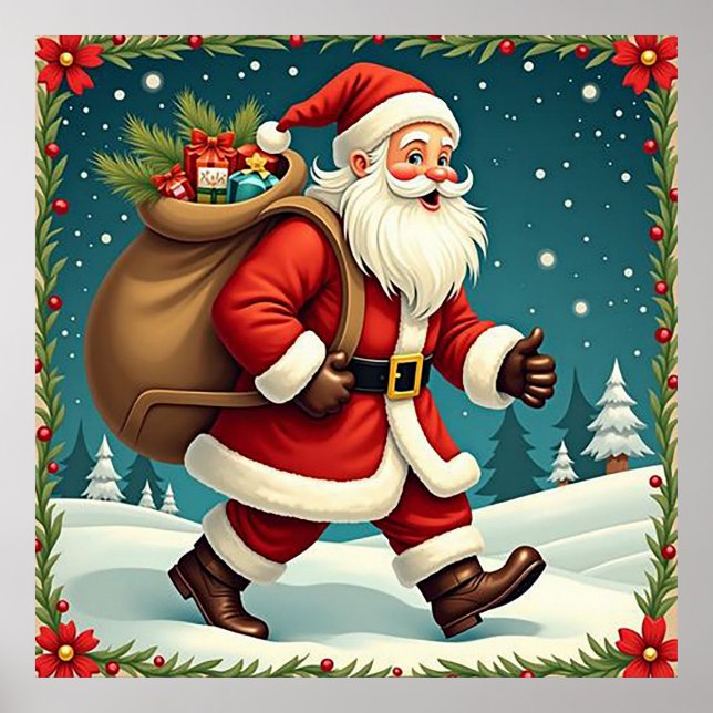 Jultomten levererar gåvor genom snöskog poster (Framsidan)