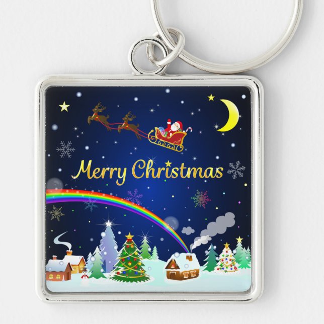 Jultomten med Crescent Måne Fyrkantig Silverfärgad Nyckelring (Framsidan)