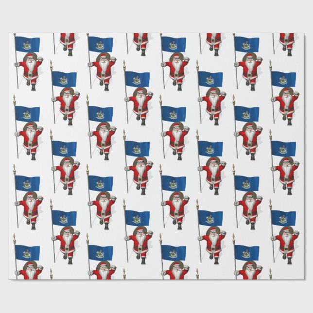Jultomten med Flagga av Maine Presentpapper (Platt)