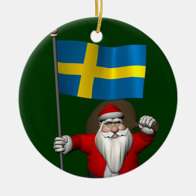 Jultomten med Flagga av Sverige Julgransprydnad Keramik (Framsidan)